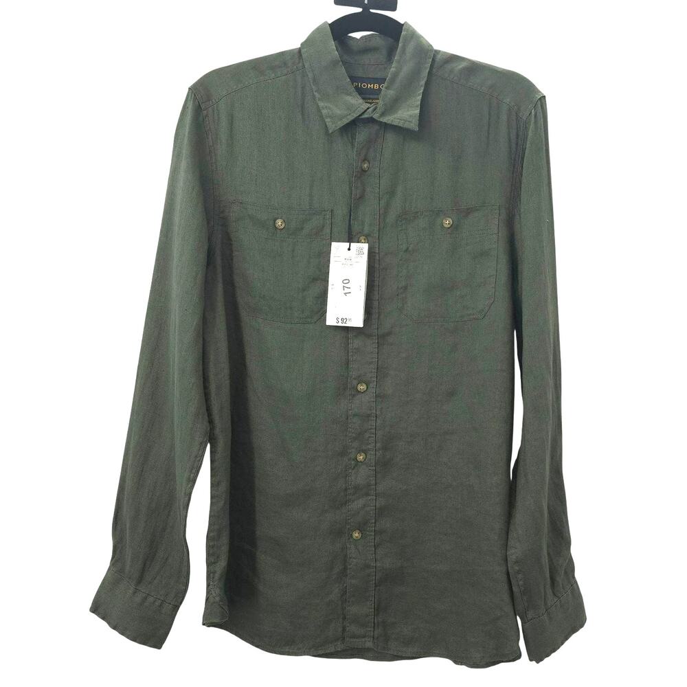 Piombo Shirt Mens Medium Green Pure Linen Long Sleeve Button-Up Casual